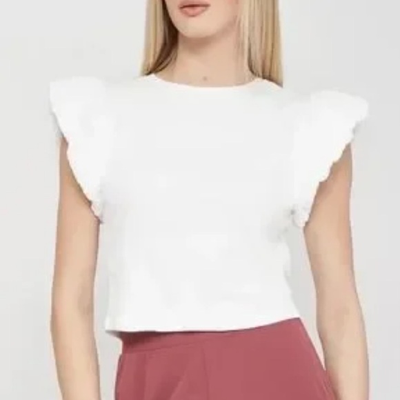 Zara Women’s Cropped White Ribbed Flutter Sleeve Crewneck Top Size Medium - Picture 1 of 5